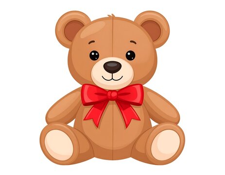 A cartoon illustration depicts a smiling, seated, brown teddy bear with a red bow tie, black eyes, and a white background. The design is friendly and inviting