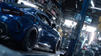 Cinematic garage shot of car lifted for inspection, detailed view of exhaust system and surrounding chassis, dramatic side lighting emphasizing textures