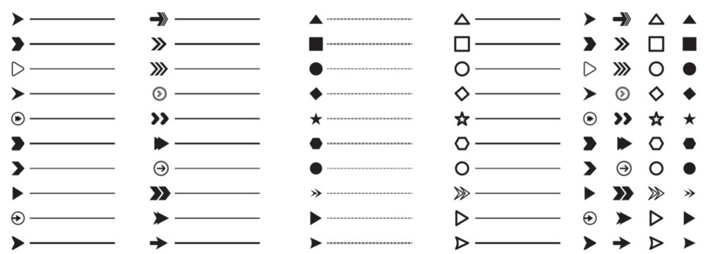 Bullet points. Minimalistic bullet point icons with arrows, dots and star, heart shapes. Vector set for UI UX design. web development presentations and infographics.