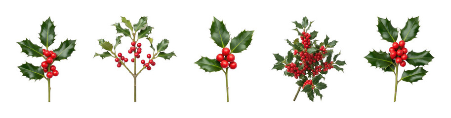Obraz premium Holly branch set including varying sizes and berry densities isolated. Christmas and winter holiday decoration elements.