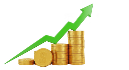 Financial growth chart with coins isolated on transparent background, a positive trend