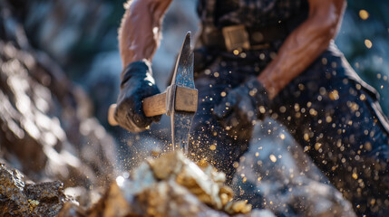 Detailed view of pickaxe impacting rock in gold mine tunnel, airborne dust illuminated by soft lantern light, rugged hands and forearms in sharp focus