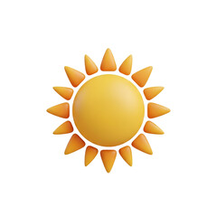 A 3d cartoon illustration of a bright yellow sun with orange rays, isolated on transparent background