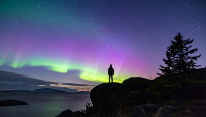 Fototapeta premium Silhouette Gazing at Aurora Borealis - A Night of Wonder.