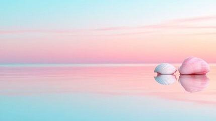 a tranquil beach during twilight, pastel skies mirrored on calm waters, with seashells scattered along the shore.