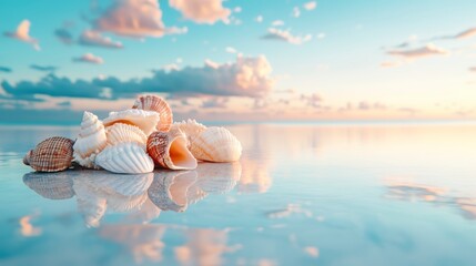 a tranquil beach during twilight, pastel skies mirrored on calm waters, with seashells scattered along the shore.