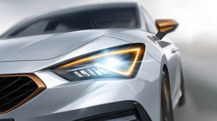 Naklejka premium Ultra-realistic macro of car headlamp, bright white light beams combined with orange highlights, detailed lens textures emphasized on a clean white background