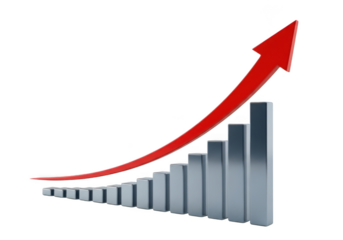 Red arrow pointing upwards over a bar graph, isolated on transparent background