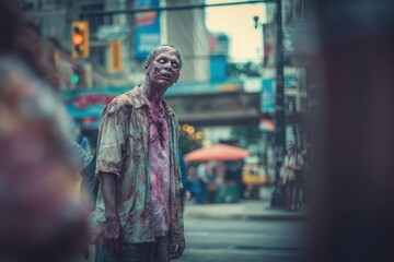 Obraz premium Realistic zombie stands in urban environment with city life behind