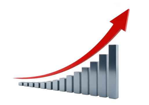 Red arrow pointing upwards over a bar graph, isolated on transparent background