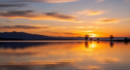 Serene sunset over water reflections with dramatic clouds and silhouetted landscape