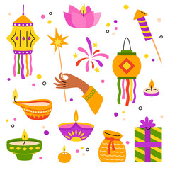Diwali, the traditional Indian festival of lights. A set of holiday decor items. Vector cartoon flat illustration.