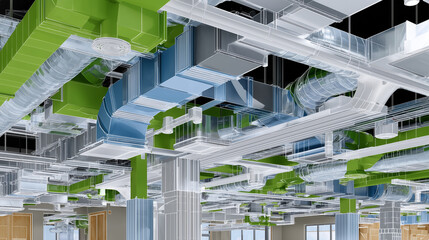 Detailed 3D BIM model of building ventilation ducts, pipes and connections visualized in vector style, technical layout emphasized for construction and planning