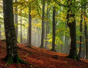 Autumn Forest Sunlight Tranquil Scene.