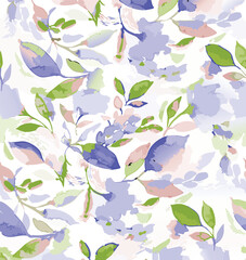 Seamless Watercolor pastel pink, lilac, and mint green flowers and leaves on a white background, Flower seamless pattern. Watercolor print in rustic vintage style, textile or wallpapers.