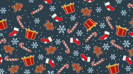 Looping 4K animation with cute Christmas pattern of gifts, candy canes, stockings, gingerbread men, and snowflakes on dark blue background. Perfect for holiday greeting videos and festive visuals. - Powered by Adobe