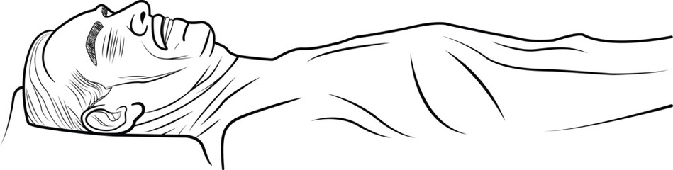 Minimal line art of a man resting peacefully on a pillow. Simple black and white outline showing relaxation and calmness. Ideal for concepts of rest, sleep, and serenity.