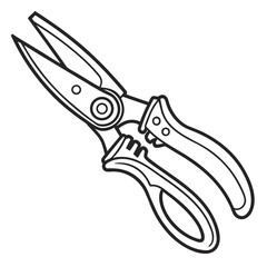 A simple black and white line drawing illustration of a pair of garden shears or pruning shears with open blades and ergonomic handles on a white background