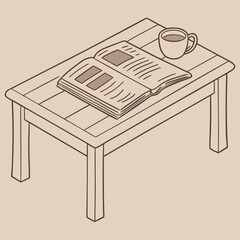 A simple line drawing illustration of an open book and a cup of coffee resting on a wooden table with a beige background