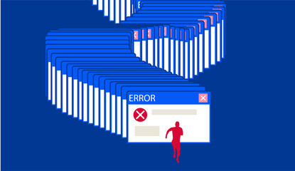 Repeated error windows for software problem in computer, software error illustration
