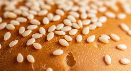 Macro Shot of Sesame Seeds on a Golden Burger Bun Surface