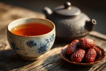 Fototapeta premium Warm jujube tea served in a patterned cup alongside dried jujubes