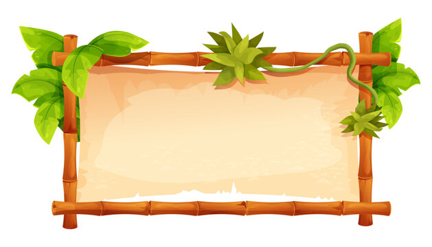 Bamboo frame with empty parchment with jungle leaves and vine. Themed projects game ui border, menu. Old paper textured, bamboo border.