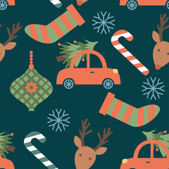 Seamless cartoon Christmas pattern with car, decoration, socks, snowflake, deer.