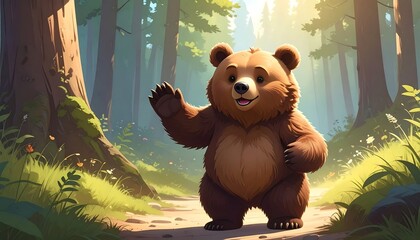 A charming, cartoonish bear stands on a path, waving hello amidst lush, sun-dappled greenery. The woodland scene is filled with tall trees