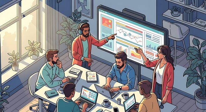 Diverse team collaborating in modern office space presenting data on large interactive screen during business meeting