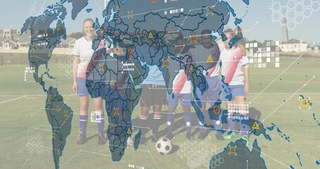 six female soccer players linking arms on pitch while map outline drifting animating data overlay - Powered by Adobe