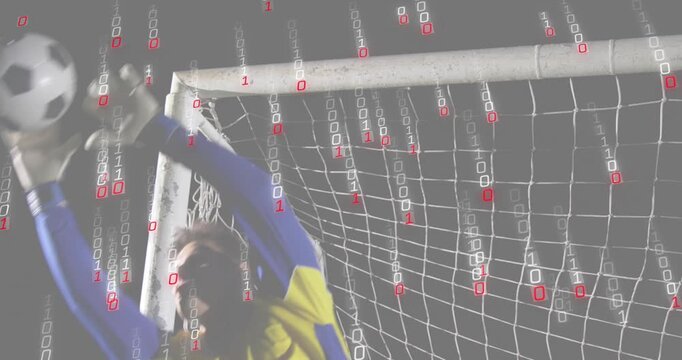 Goalkeeper appearing goal frame, catching falling soccer ball with binary overlay for sports tech