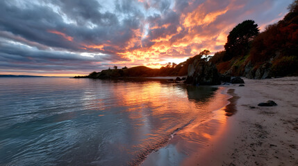 Obraz premium Warm orange and pink hues in the sky over a secluded beach at sunset.