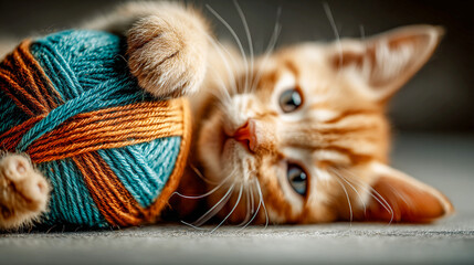 Playful ginger kitten with blue eyes cuddling a colorful ball of yarn. A cute ginger kitty is lying down, playfully interacting with a ball. The kitten's eyes are captivating. Domestic animal indoors.