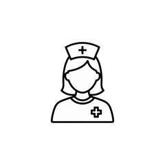 Nurse icon depicts healthcare professional wearing cap with cross symbol on white. Nurse icon, simple line drawing represents essential worker dedicated to health and wellbeing.