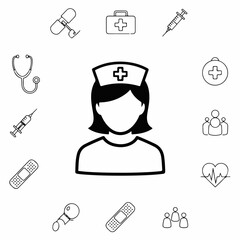 Nurse icon in flat style surrounded by medical symbols, depicting healthcare. Nurse icon profession demonstrates service and care.