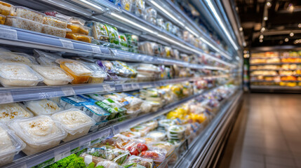 Close-up of refrigerated shelves stocked with perishable items, soft cool lighting and condensation on packaging, clean and organized storage space