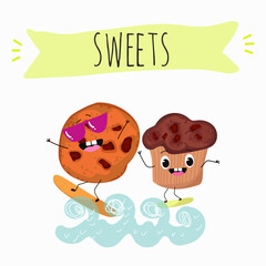 Sweets, bakery funny characters, hand drawn vector illustration.