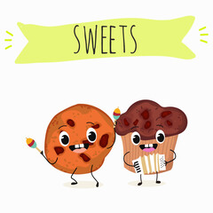 Sweets, bakery funny characters, hand drawn vector illustration.