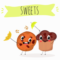 Sweets, bakery funny characters, hand drawn vector illustration.
