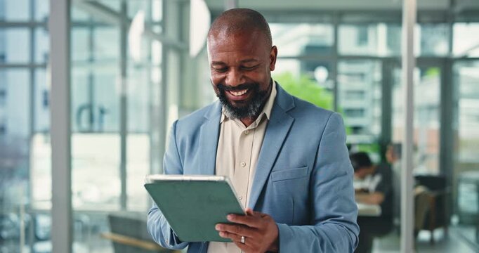 Typing, happy and black man in office with tablet, online networking or positive feedback on client. Digital, smile or consultant in agency with technology, stakeholder chat or good news on email.
