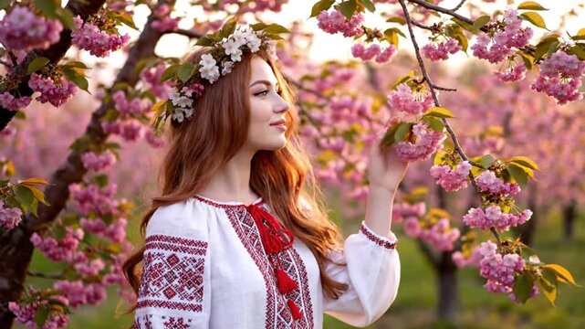 A beautiful Ukrainian girl in traditional embroidered dress standing in a blooming cherry orchard, petals gently falling around her, warm golden sunlight, soft wind moving her hair