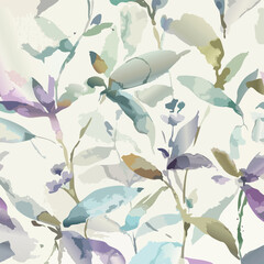 Seamless Watercolor pastel pink, lilac, and mint green flowers and leaves on a white background, Flower seamless pattern. Watercolor print in rustic vintage style, textile or wallpapers.