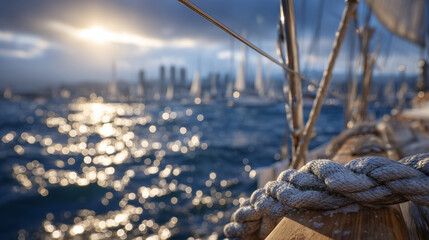 Sailboat deck viewpoint with coiled chain in foreground, high-resolution water reflections, city skyline and harbor faintly visible across the bay
