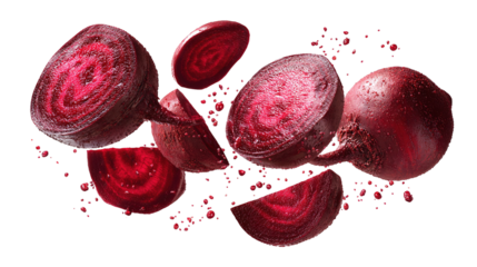 flying red beetroot and half slices isolated on transparent white background,