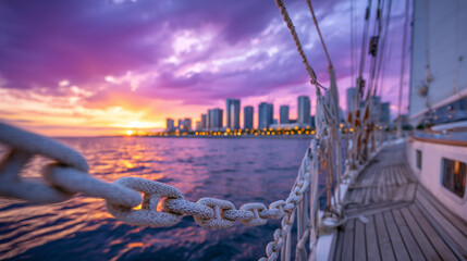 Obraz premium Wide-angle deck shot of sailboat, chain extending toward calm ocean, distant city skyline illuminated by sunset