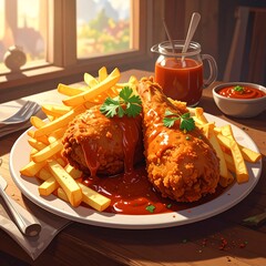 Crispy Fried Chicken with French Fries.