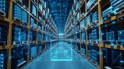 Augmented reality interface analyzing products inside a futuristic automated warehouse - Powered by Adobe