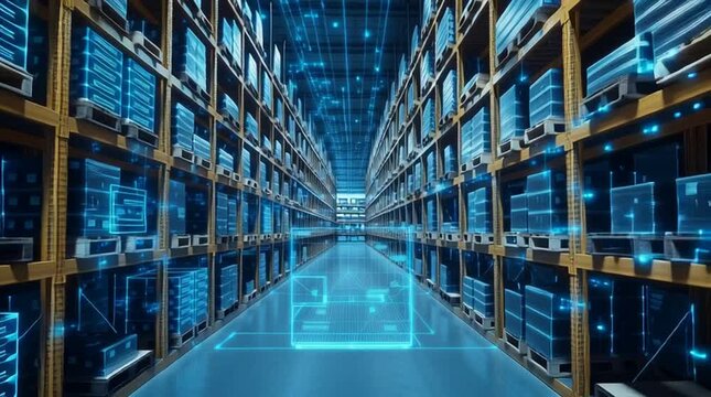 Augmented reality interface analyzing products inside a futuristic automated warehouse