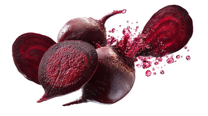 flying red beetroot and half slices isolated on transparent white background,